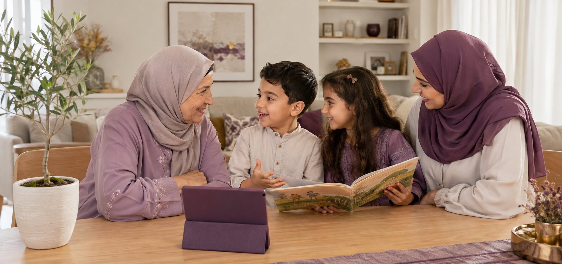 جدّة وأمّ تجلسان مع طفلين حول كتابٍ وجهازٍ لوحيّ في جلسةٍ عائليّة دافئة